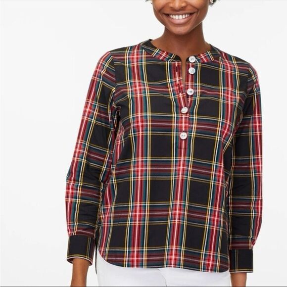 J. Crew Tartan Plaid Cotton Poplin Jewel Buttons Popover Top size S - Picture 1 of 12